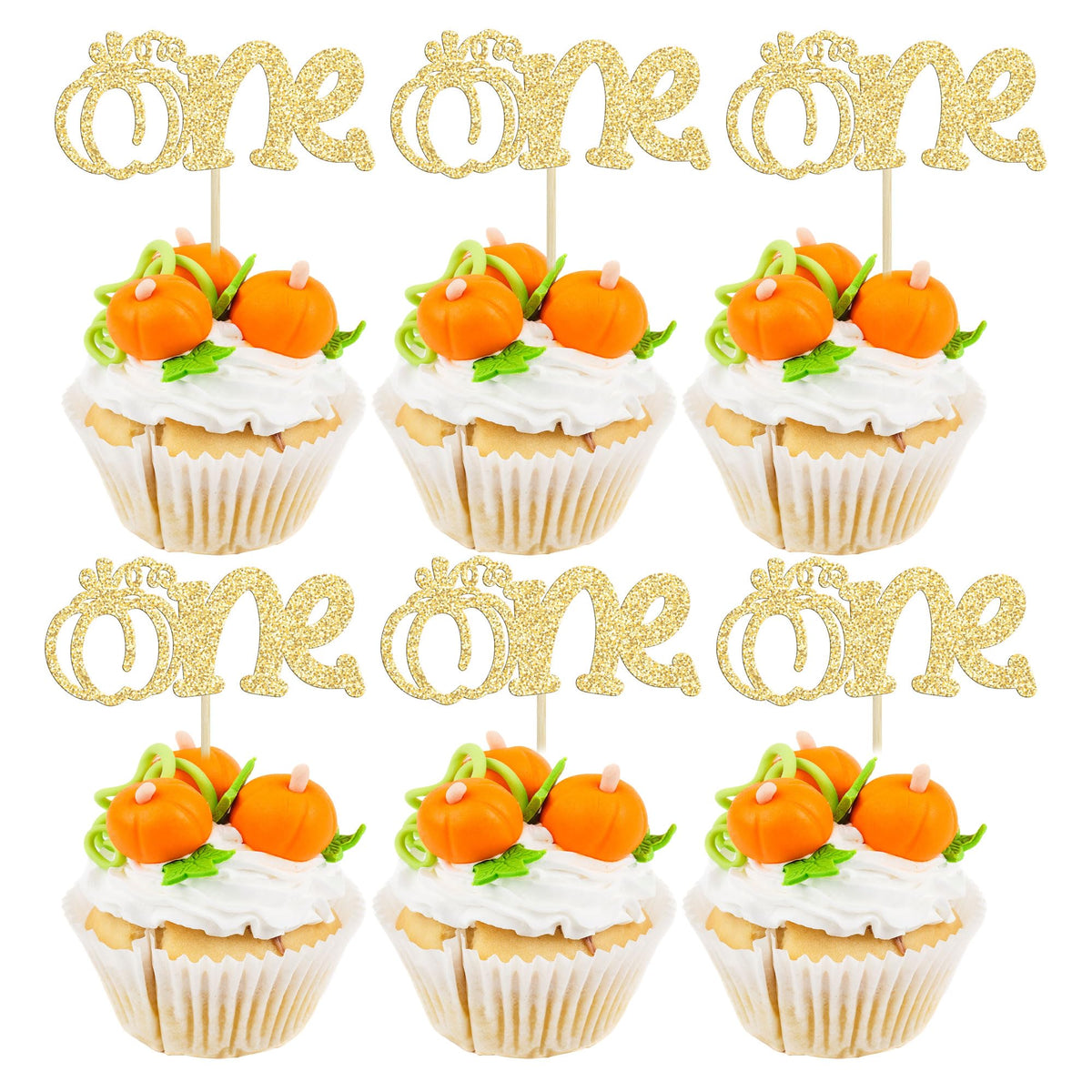 24pc Little Pumpkin Cupcake Toppers - Glitter Pumpkin Cupcake Picks - Baby Shower Decorations - Fall Harvest Theme - Kids Birthday Party Supplies