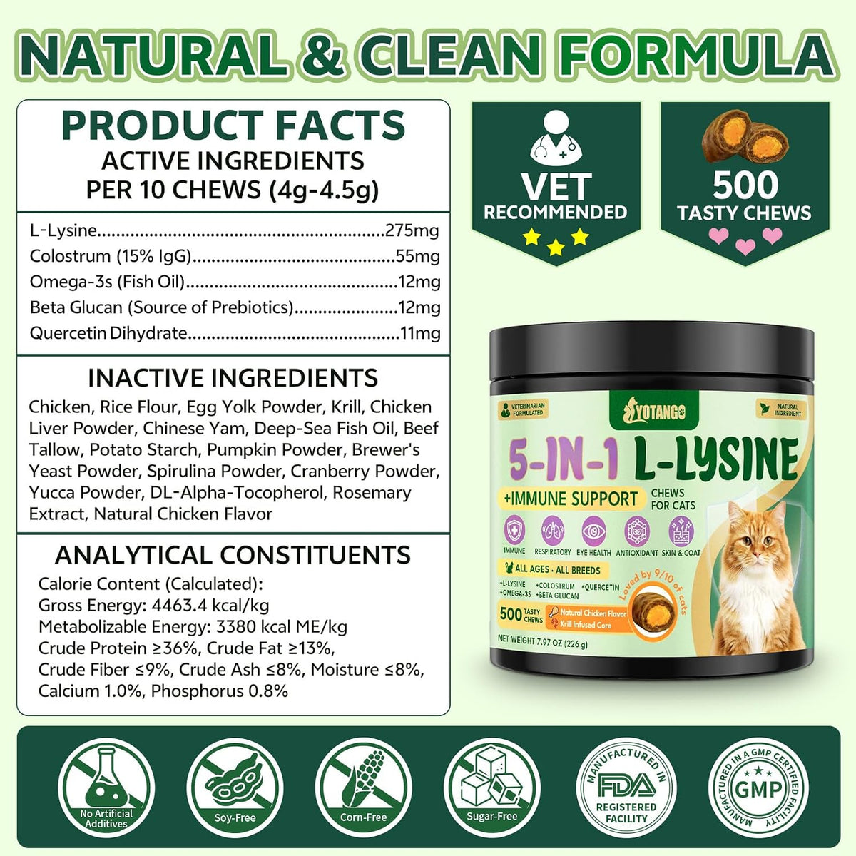 Lysine for Cats, L-Lysine for Cats Chews & Lysine Treats, 500 Chews, Immune Support with L-Lysine Supplement, Colostrum, Quercetin & Omega-3, Respiratory, Sneezing, Runny Nose, Eye, Chicken Flavor