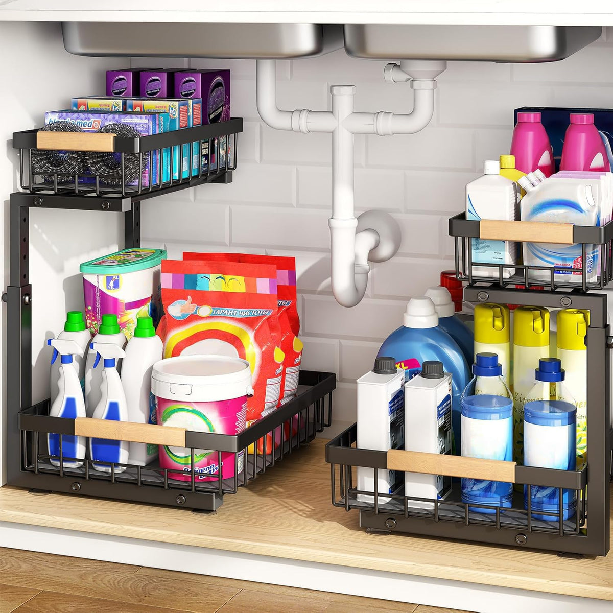 PXRACK Under Sink Organizer, Adjustable Height, 2 Tier Pull Out Under Cabinet Organizer, Slide Out Thickened Metal Under Sink Storage for Kitchen Bathroom Laundry Pantry Cabinet, White, Large-2-Pack