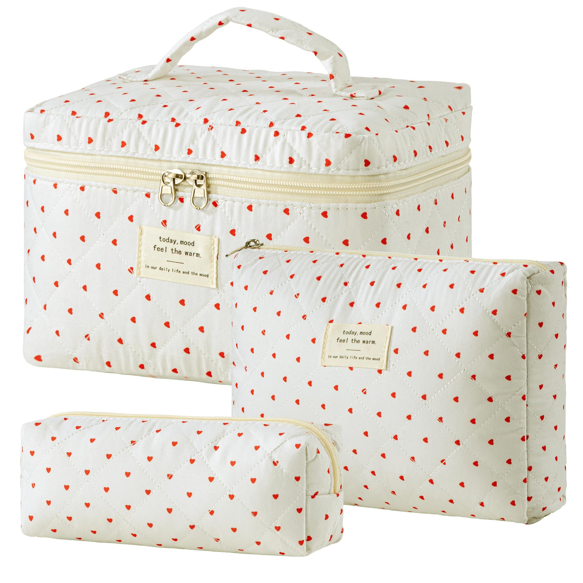 HBselect Quilted Makeup Bag, 3PCS Cotton Large Travel Makeup Bag, Cute Floral Coquette Make up Bag Cosmetic Bag Toiletry Bag for Women Girls