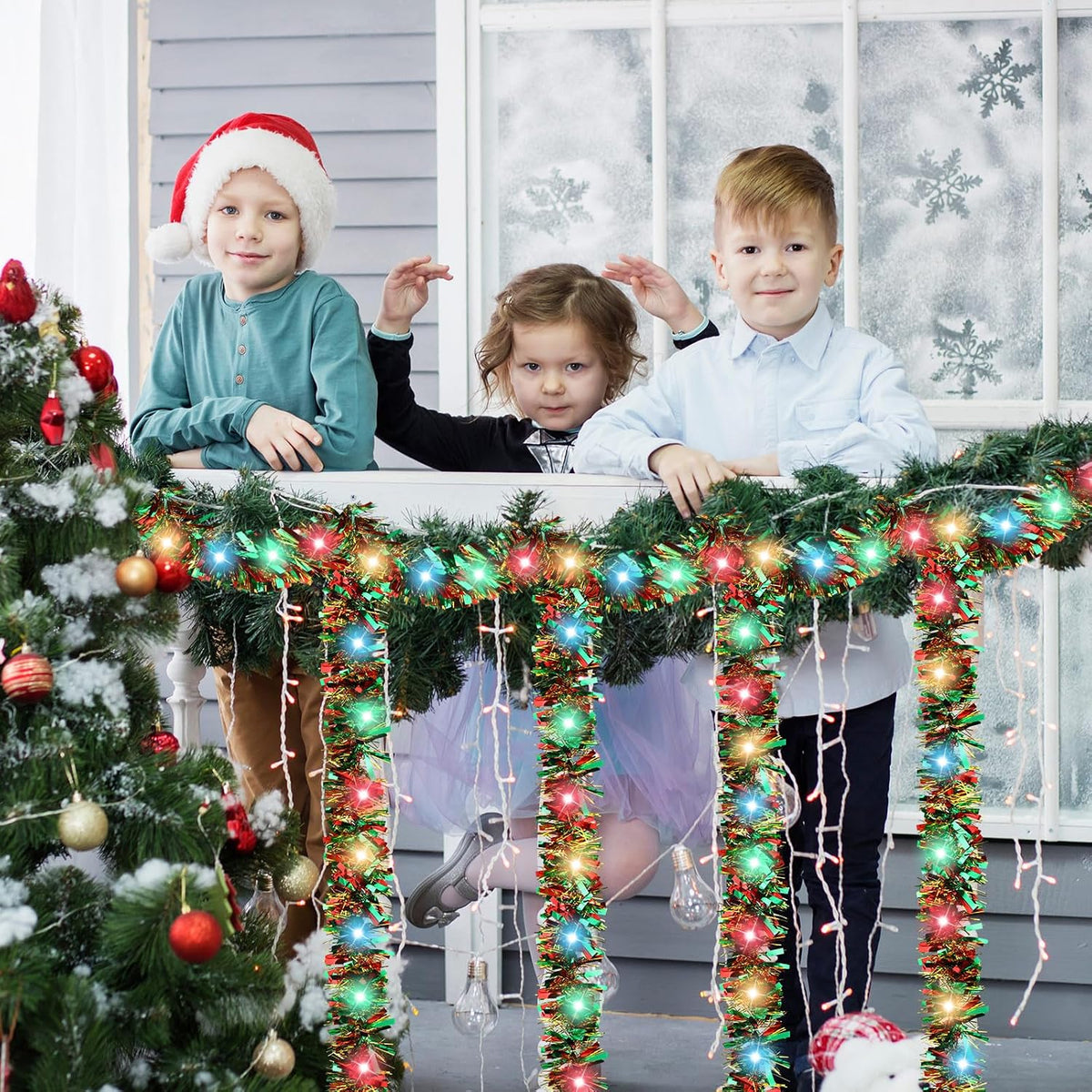 16.4 ft Christmas Tinsel Garland with Light, Multicolor, Red and Green