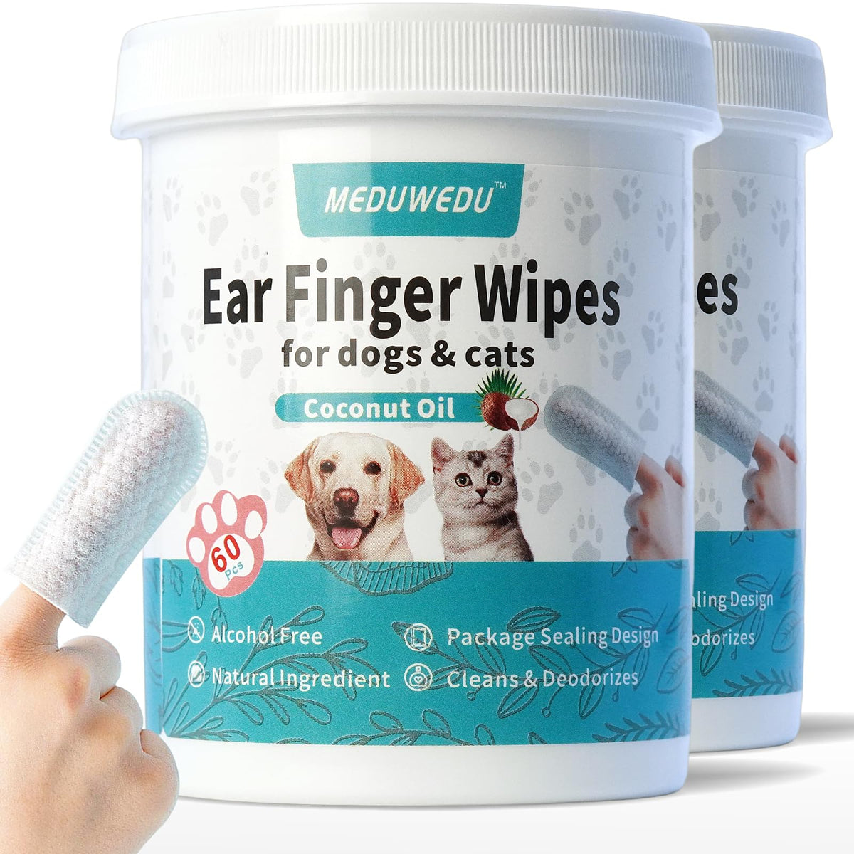 MEDUWEDU Ear Cleaner Finger Wipes 60 Counts, Dog Ear Cleaner, Grooming Kit Care for Dogs and Cats, Soft & Easy Otic Cleaning Pads, Remove Wax, Dirt & Stop Smelly, Itchy, Non-Irritating, Coconut Scent