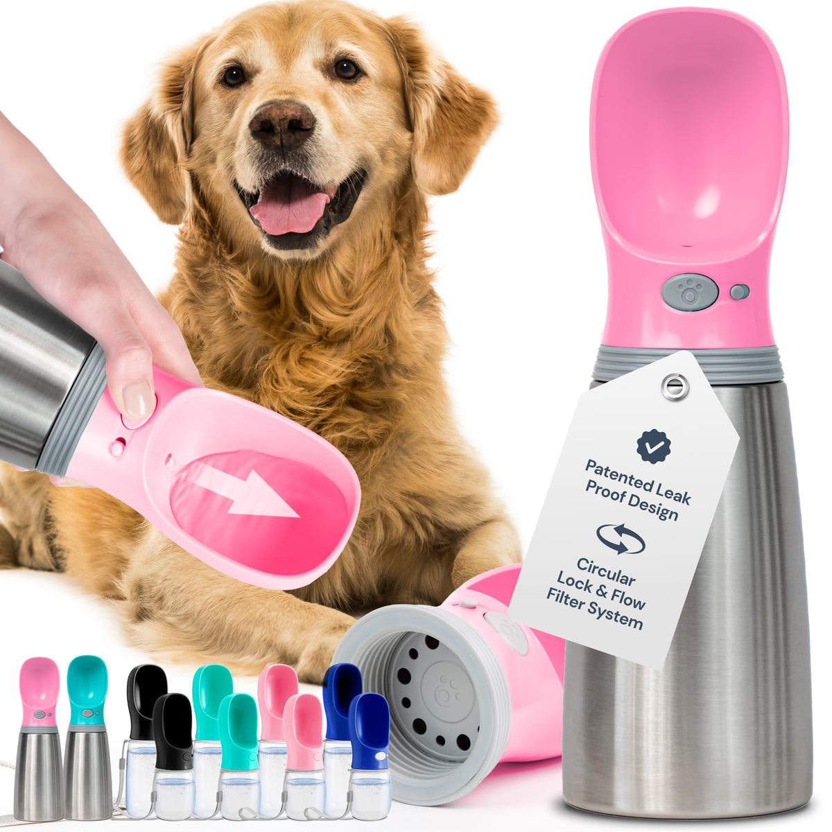 MalsiPree Leak-Proof Portable Dog Water Bottle for Travel - 19 oz, with Pink Bowl - Food Grade Plastic - Dog Bowls - Puppy Essentials - Pet Water Bottle for Trail Hiking, Park Visit & Beach Days