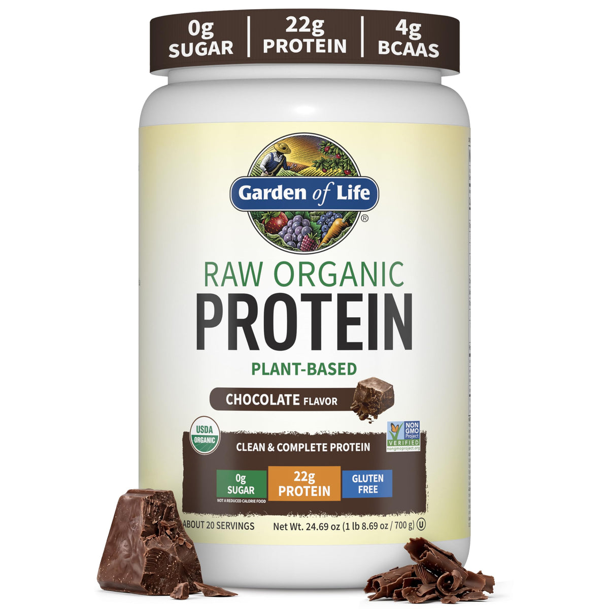 Garden of Life Protein Powder, Vegan Protein Powder, BCAA, Probiotics & Digestive Enzymes, Gluten & Lactose Free, Unflavored, 20 Servings