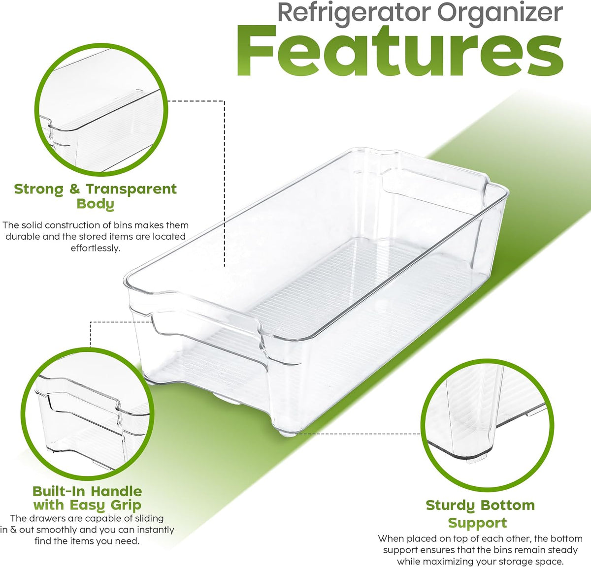 Utopia Home Plastic Stackable Storage Bins for Fridge, 8 Pack, Clear | Durable Plastic Storage Containers with Easy Grip Handles for Pantry, Kitchen Cabinets & Countertops