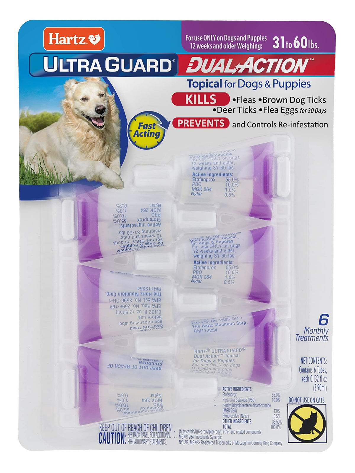 Hartz UltraGuard Dual Action Flea & Tick Topical Dogs & Puppies Treatment & Prevention, 6 Months, 60+ lbs