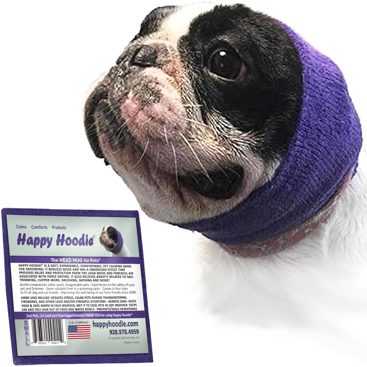 Happy Hoodie The Original Dog & Cat Calming Band - American Brand - Anxiety Relief/Noise Protection-Grooming-Thunder-Fireworks (XS, Purple) - Since 2008