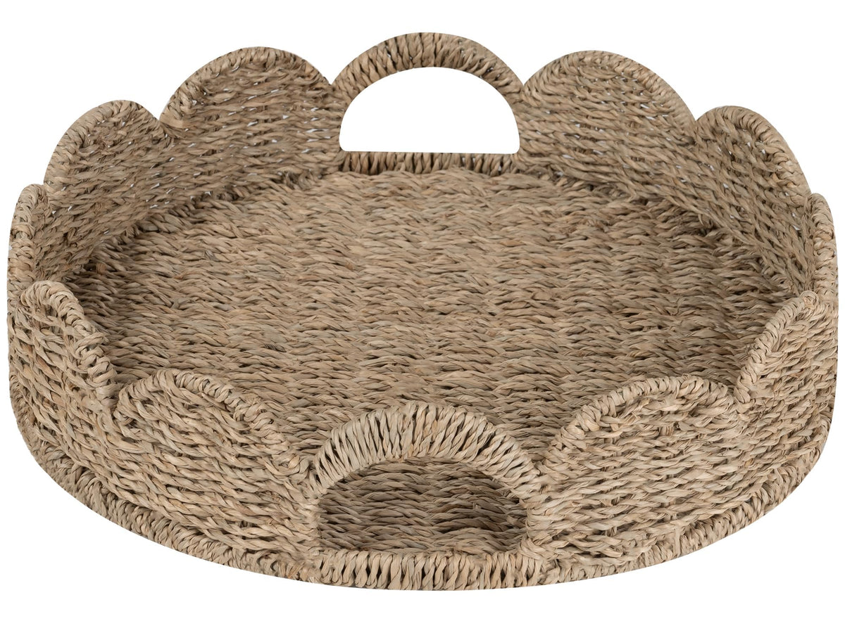 StorageWorks Rectangular Wicker Scalloped Tray, Rattan Scalloped Basket | Shallow Serving Trays with Handles for Coffee Table, Living Room, Seagrass Trays for Decorative & Organizing
