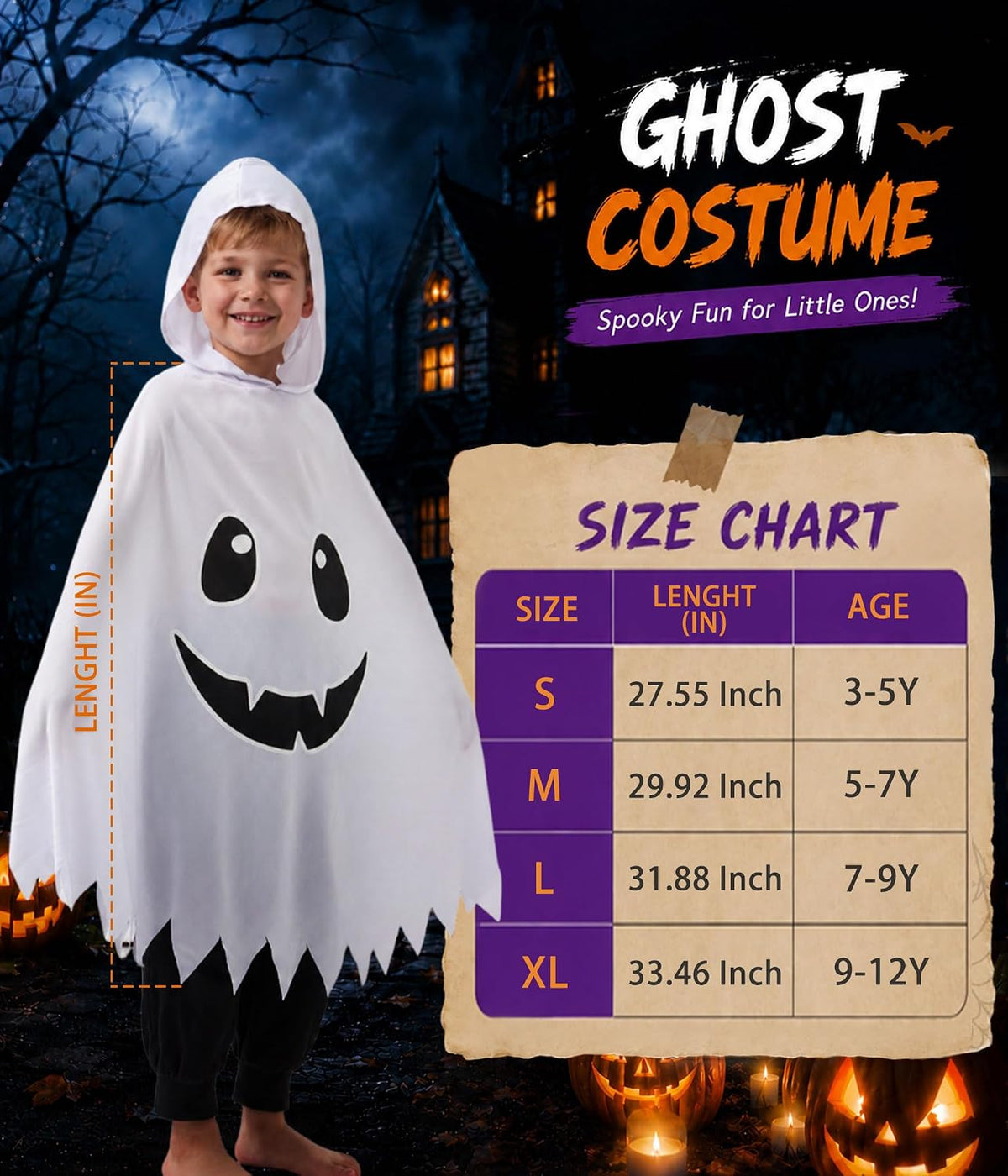 Kid Ghost Costume,Halloween Hooded Cape,Halloween Costume for Boys Girls