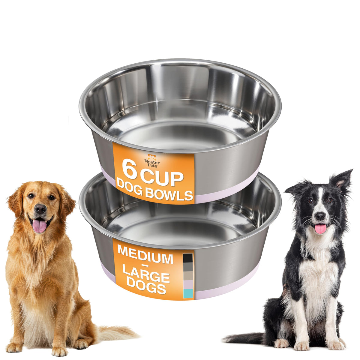 Neater Pet Brands Stainless Steel Dog Bowls with Non-Slip Rubber Bottom – Set of 2, 6 Cup (48 oz), Black - Heavy Duty Metal Dog Bowl, Dishwasher Safe, Food or Water Bowl, Ideal for Large Dogs