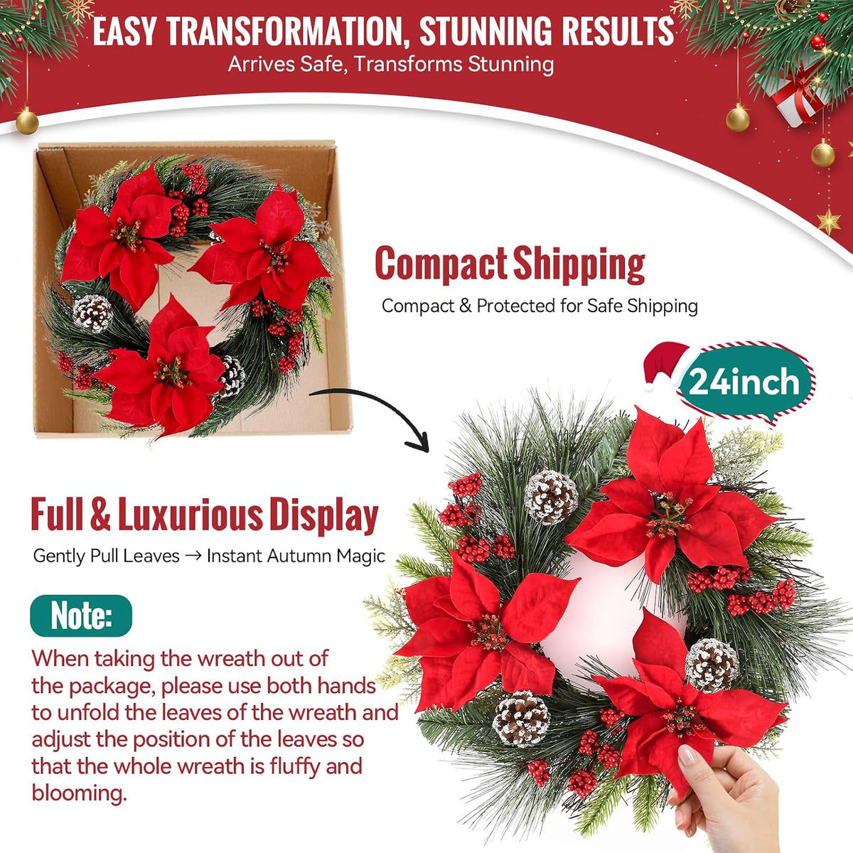 24 Inch Christmas Wreath for Front Door Outdoor with Hangers