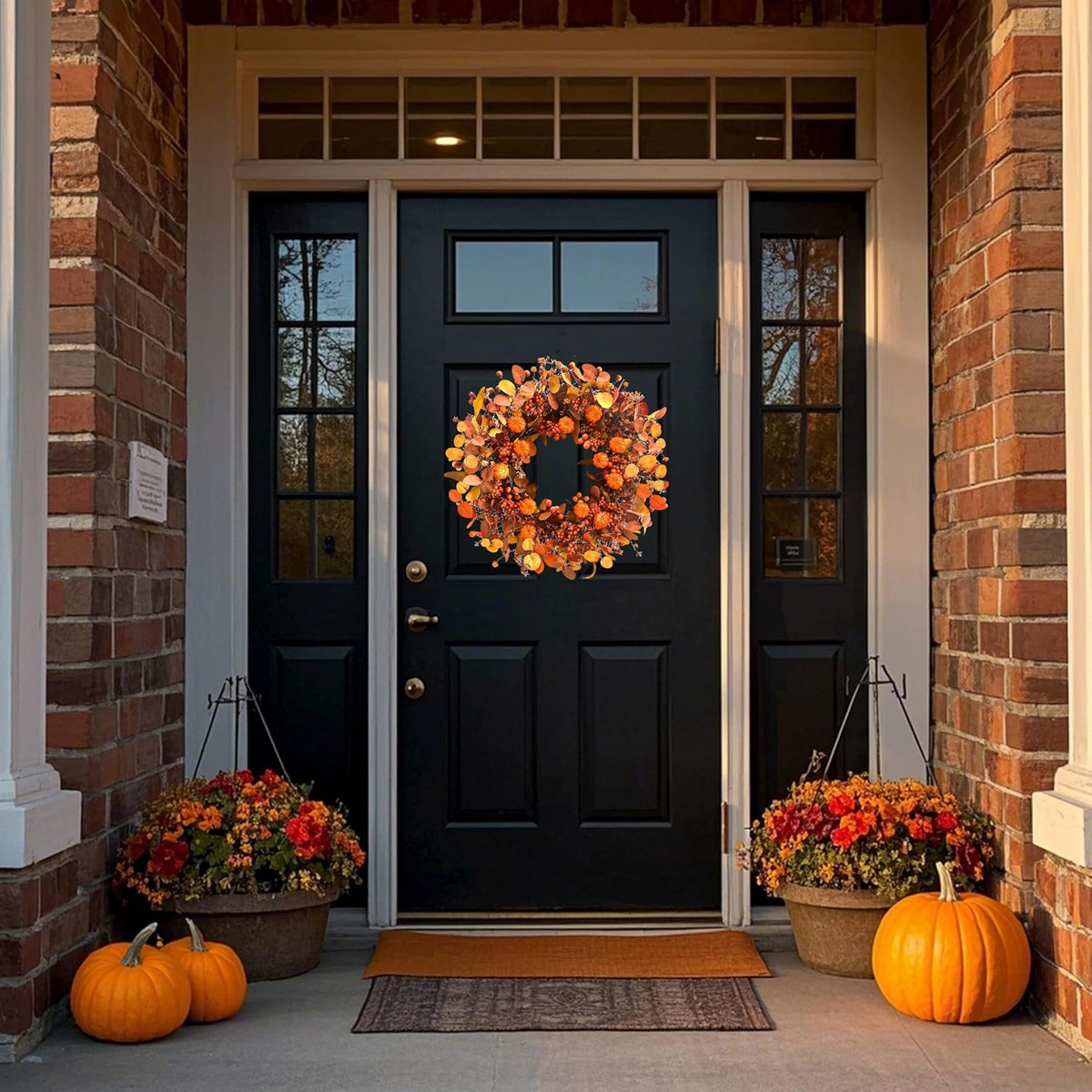 Fall Wreath 22 Inch Fall Wreaths for Front Door Autumn Pumpkin Wreaths with Orange Eucalyptus Leaves and Berries for Indoor Outdoor Thanksgiving Harvest Festival Celebrations