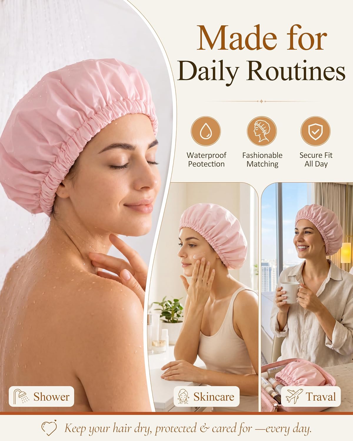 Edoneery Reusable Shower Caps for Women, Waterproof Long Hair Bonnet | Washable Design, Wide Elastic Band, Large Fit, Holds Long Hair, Braids Friendly, Bath Accessories, Spa, Travel