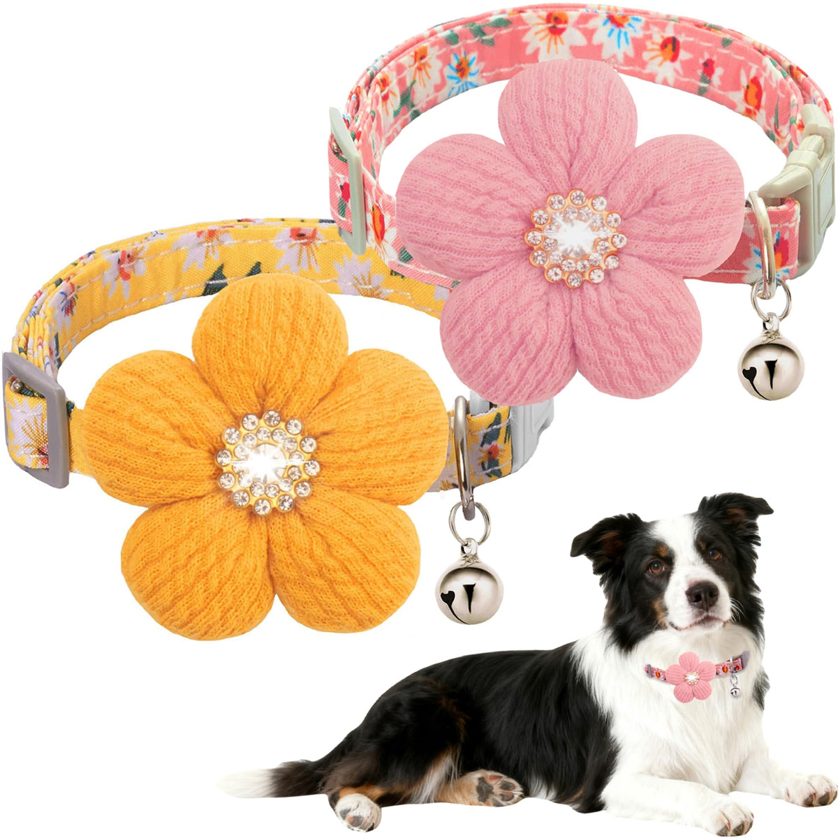 Small Dog Collar with Flower, Spring Dog Collar for Girl Dog Collars for Small Dogs Cute Dog Collar with Bell, Adjustable Length