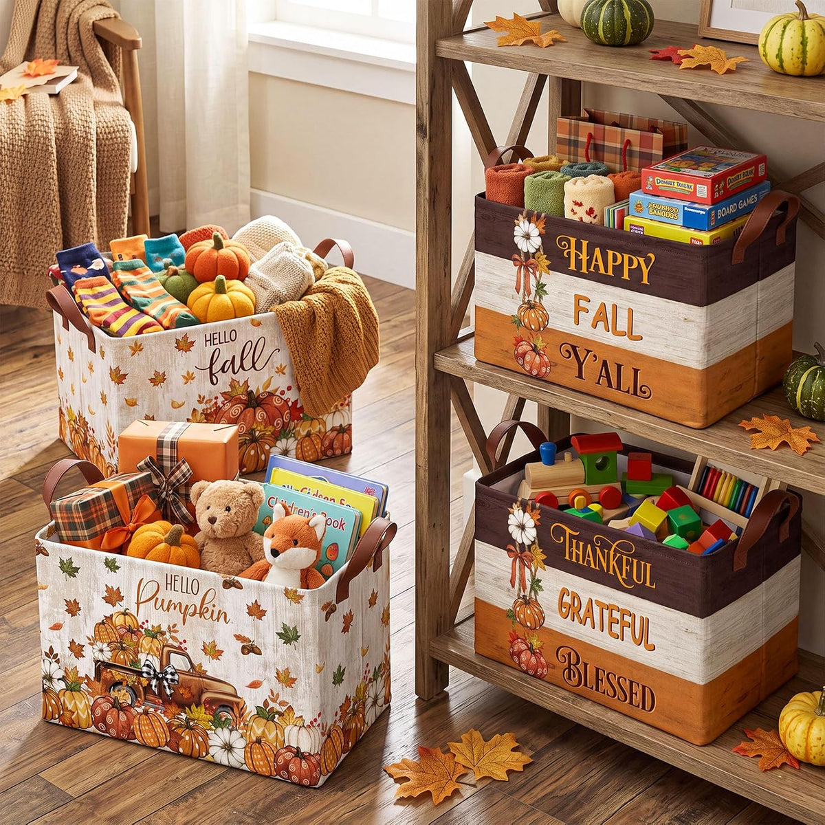 4 Pcs Thanksgiving Storage Basket Empty with Handles, Large Fabric