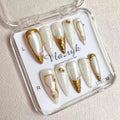 Luxury Handmade Press on Nails - Long Square White French Tips Press on Nail with Almond 3D Rhinestones, Flowers & Butterflies, Acrylic Multi-Layer Gel False Nails for Women (10Pcs Size M)
