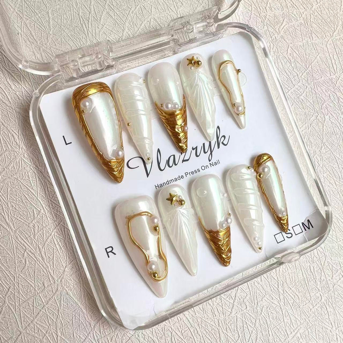 Luxury Handmade Press on Nails - Long Square White French Tips Press on Nail with Almond 3D Rhinestones, Flowers & Butterflies, Acrylic Multi-Layer Gel False Nails for Women (10Pcs Size M)