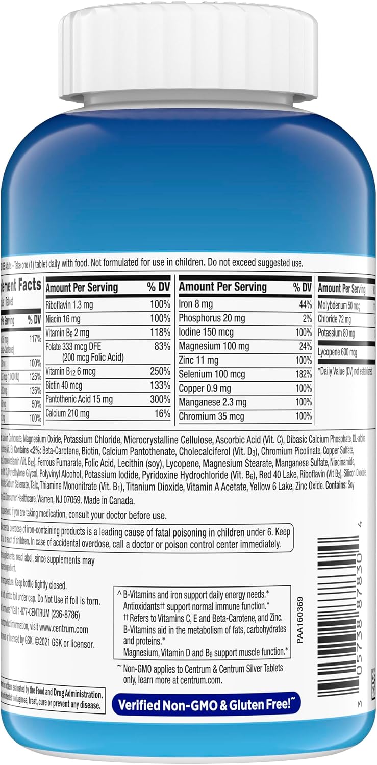 Centrum Multivitamin for Men, Multivitamin/Multimineral Supplement with Vitamin D3, B Vitamins and Antioxidants, Gluten Free, Non-GMO Ingredients - 250 Count