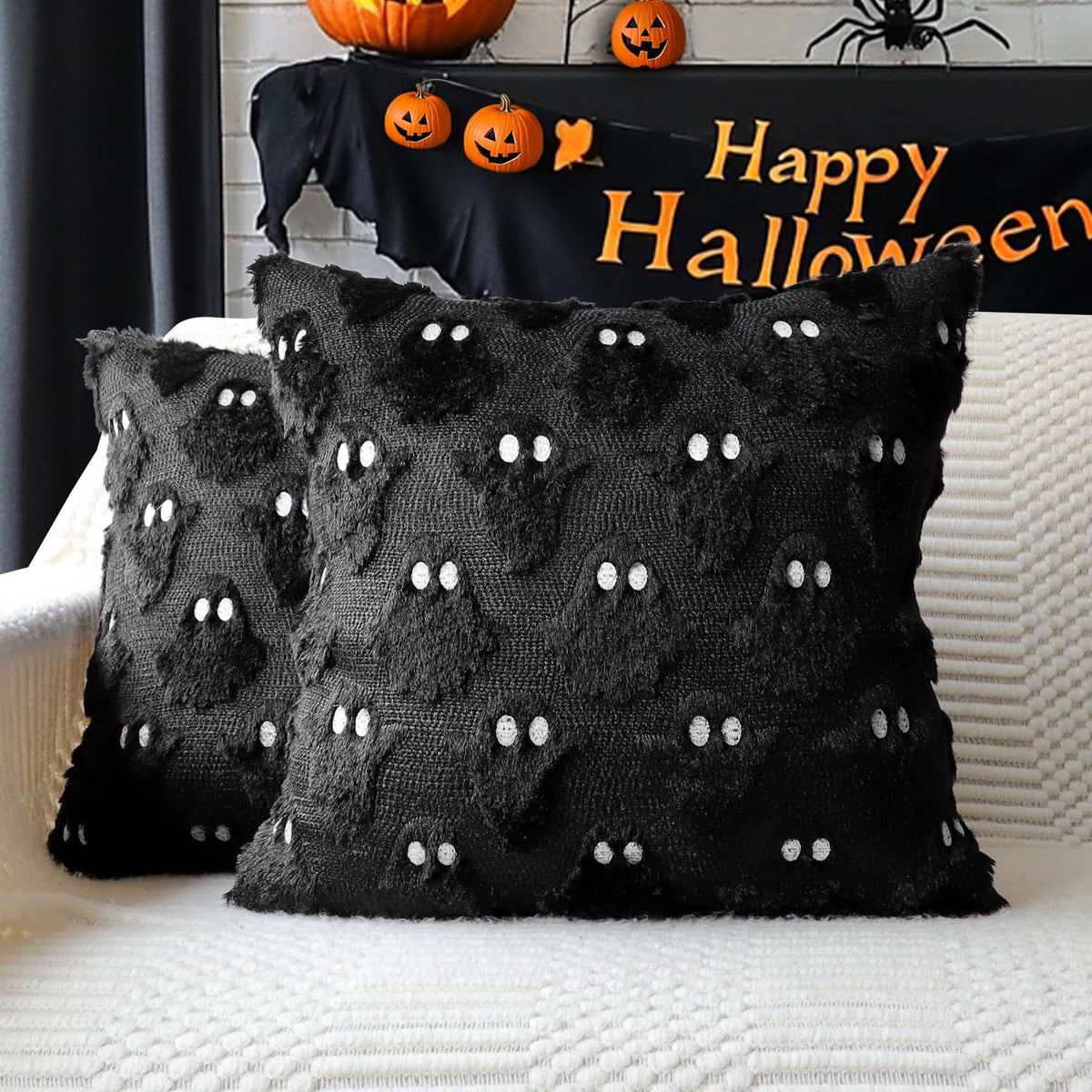 Halloween Ghost Decorative Pillow Covers 18x18 Set of 2, Beige Soft Plush Faux Fur Farmhouse Throw Cushion Cases for Fall Holiday Home Decorations