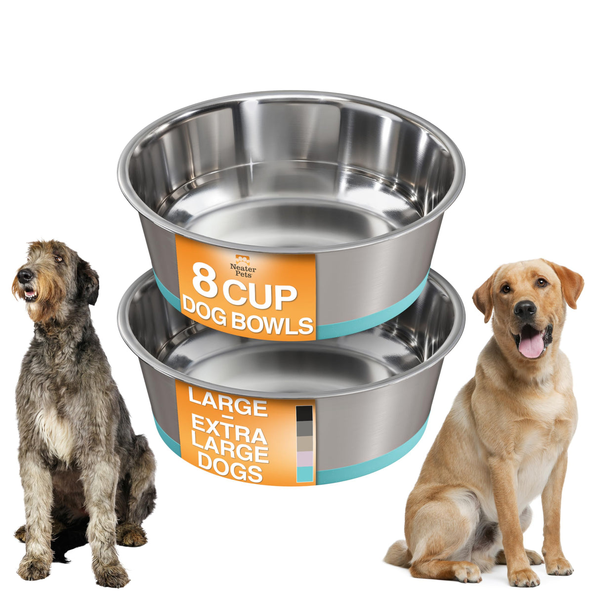 Neater Pet Brands Stainless Steel Dog Bowls with Non-Slip Rubber Bottom – Set of 2, 6 Cup (48 oz), Black - Heavy Duty Metal Dog Bowl, Dishwasher Safe, Food or Water Bowl, Ideal for Large Dogs