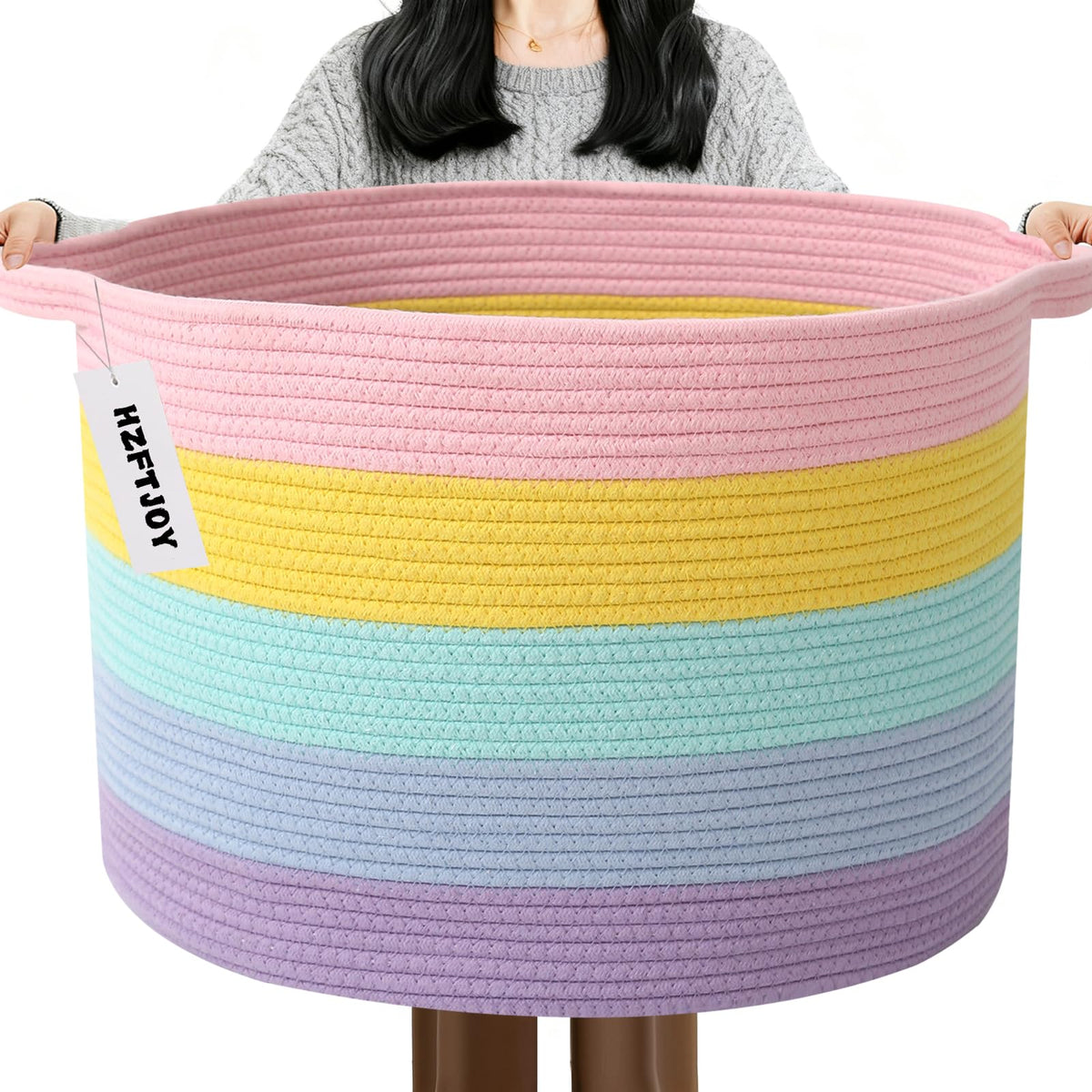 Large Woven Blanket Basket,65L Cotton Rope Laundry Basket Hamper with Handles, Decorative Nursery Basket Storage Bin for Toys, Clothes Organizer, Living Room, Bedroom, Bathroom, White & Brown