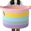 Large Woven Blanket Basket,65L Cotton Rope Laundry Basket Hamper with Handles, Decorative Nursery Basket Storage Bin for Toys, Clothes Organizer, Living Room, Bedroom, Bathroom, White & Brown
