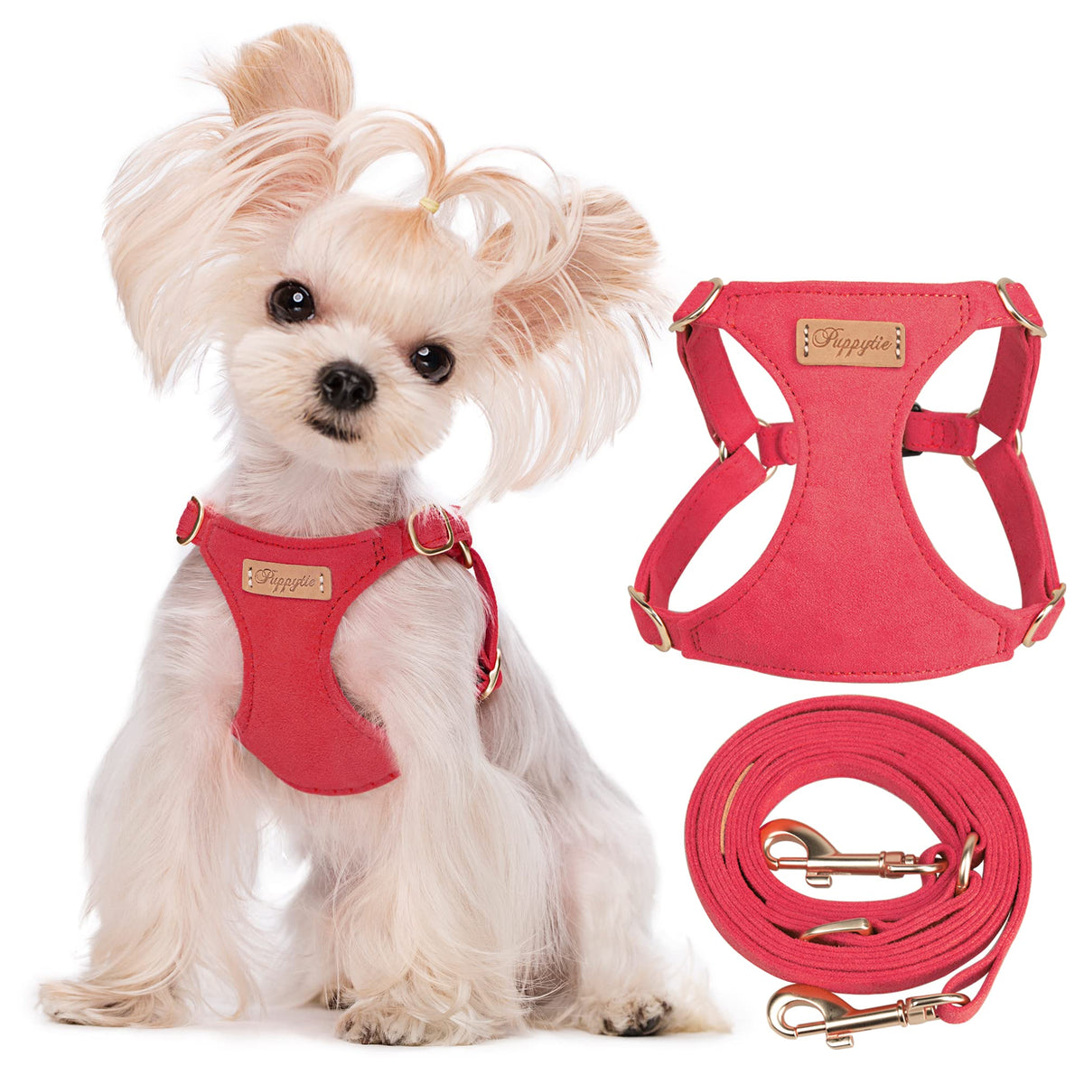 Puppytie xs Dog Harness with Multifunction Dog Leash,Soft Adjustable No Choke Escape Proof Pet Harness Vest,red-Camellia,XS