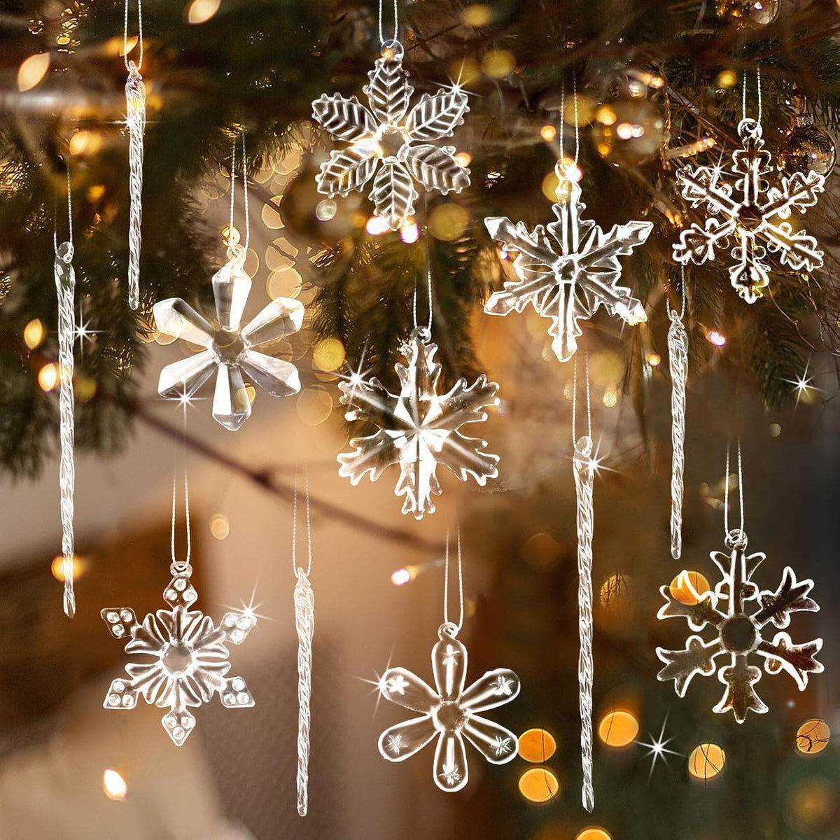 Glass Snowflake Icicle Ornaments for Christmas Tree Decorations - 18Pcs Clear Glass Ornaments Set for Christmas Tree Winter New Year Party Decor Supplies