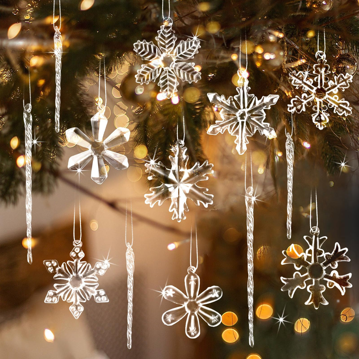 Glass Snowflake Icicle Ornaments for Christmas Tree Decorations - 18Pcs Clear Glass Ornaments Set for Christmas Tree Winter New Year Party Decor Supplies