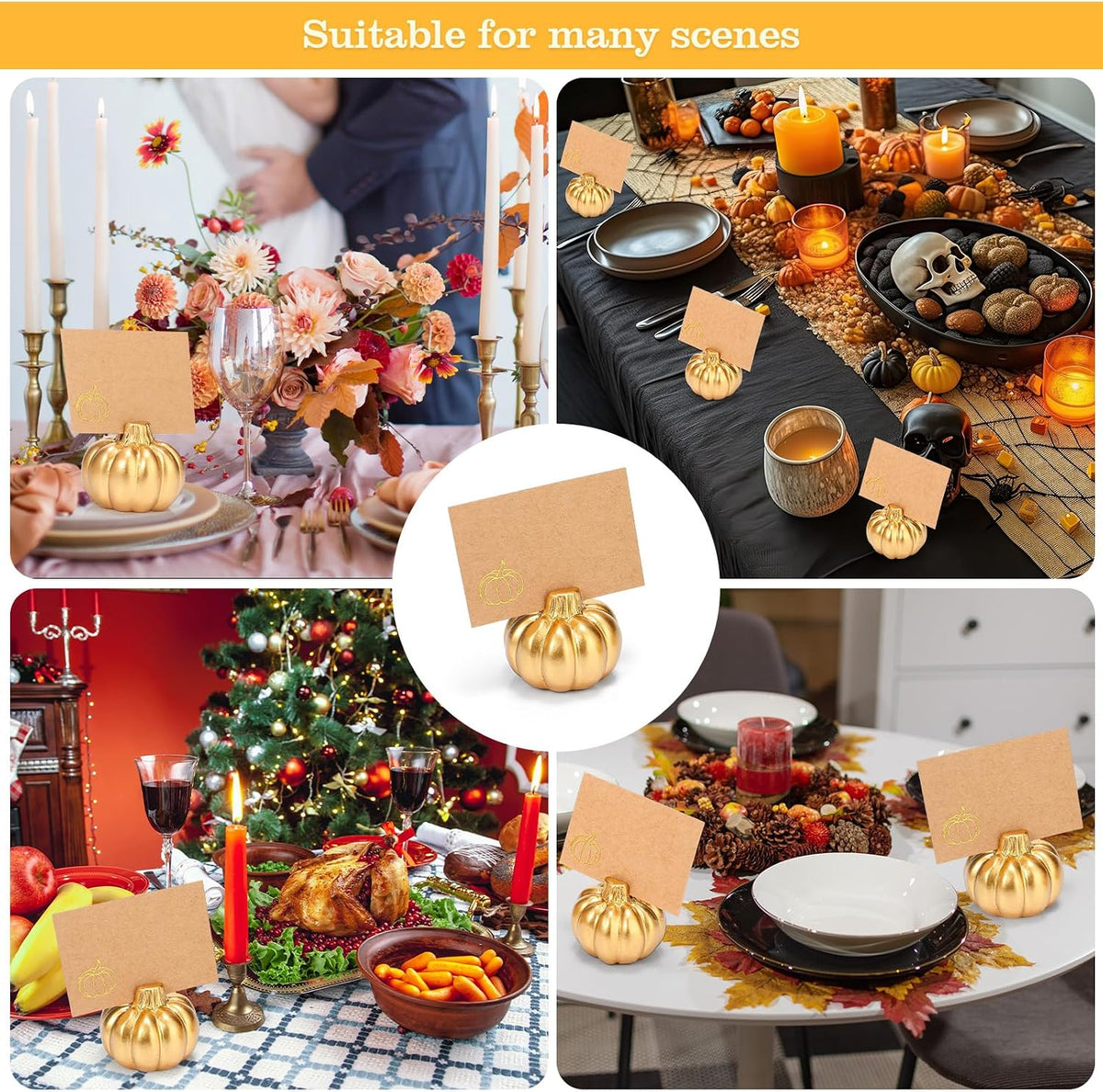 Yaomiao 16 Pcs Thanksgiving Table Decor Pumpkin Place Card Holders Mini Name Number Holders for Thanksgiving Table Setting Fall Autumn Party Photo Picture Wedding Decor(Gold)