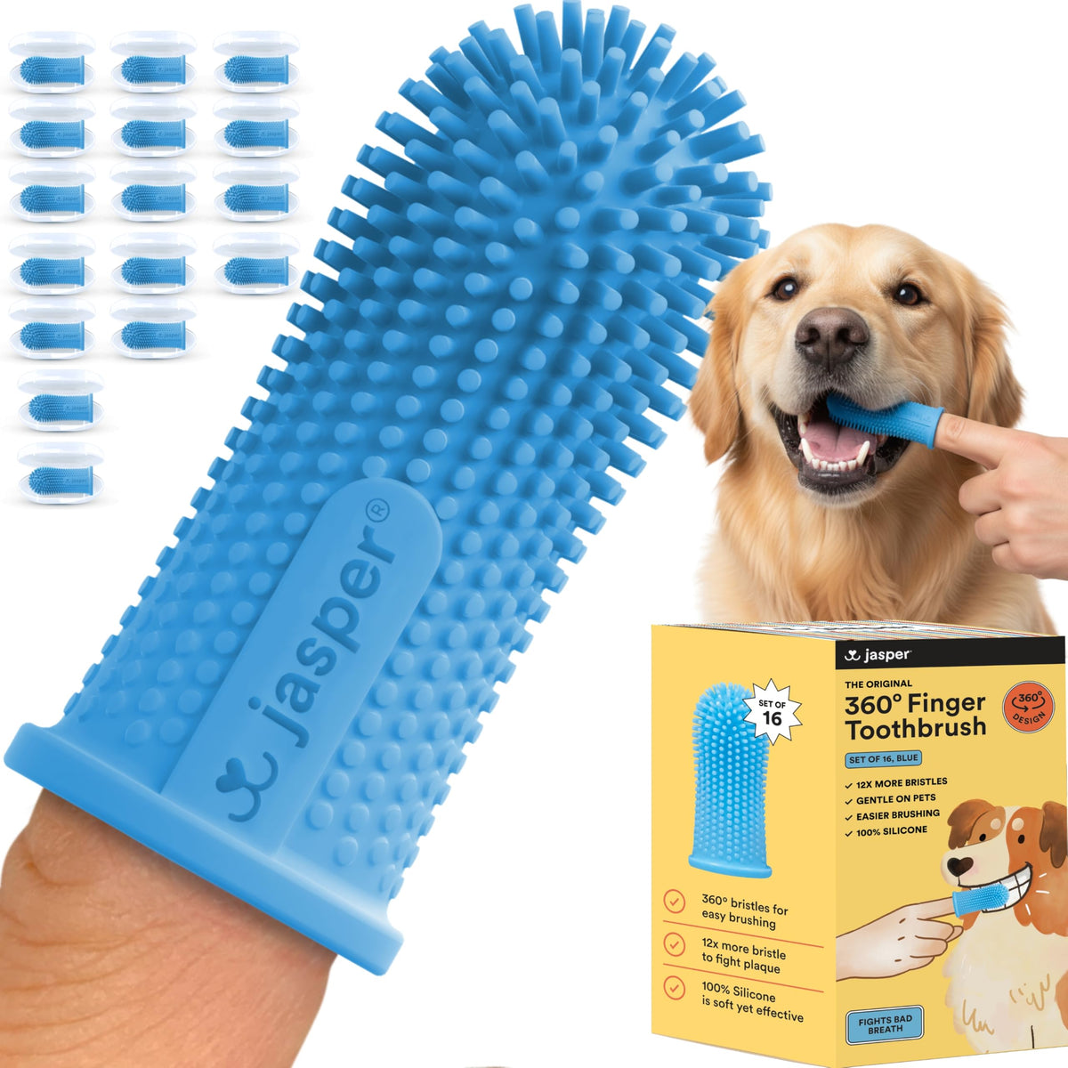 Jasper Dog Toothbrush, 360 Dog Tooth Brushing Kit, Finger Toothbrush, Cat Tooth Brush, Teeth Cleaning, Pet Tooth Brush for Small & Large Pets, Pet Toothpaste Not Included, 2-Pack Blue