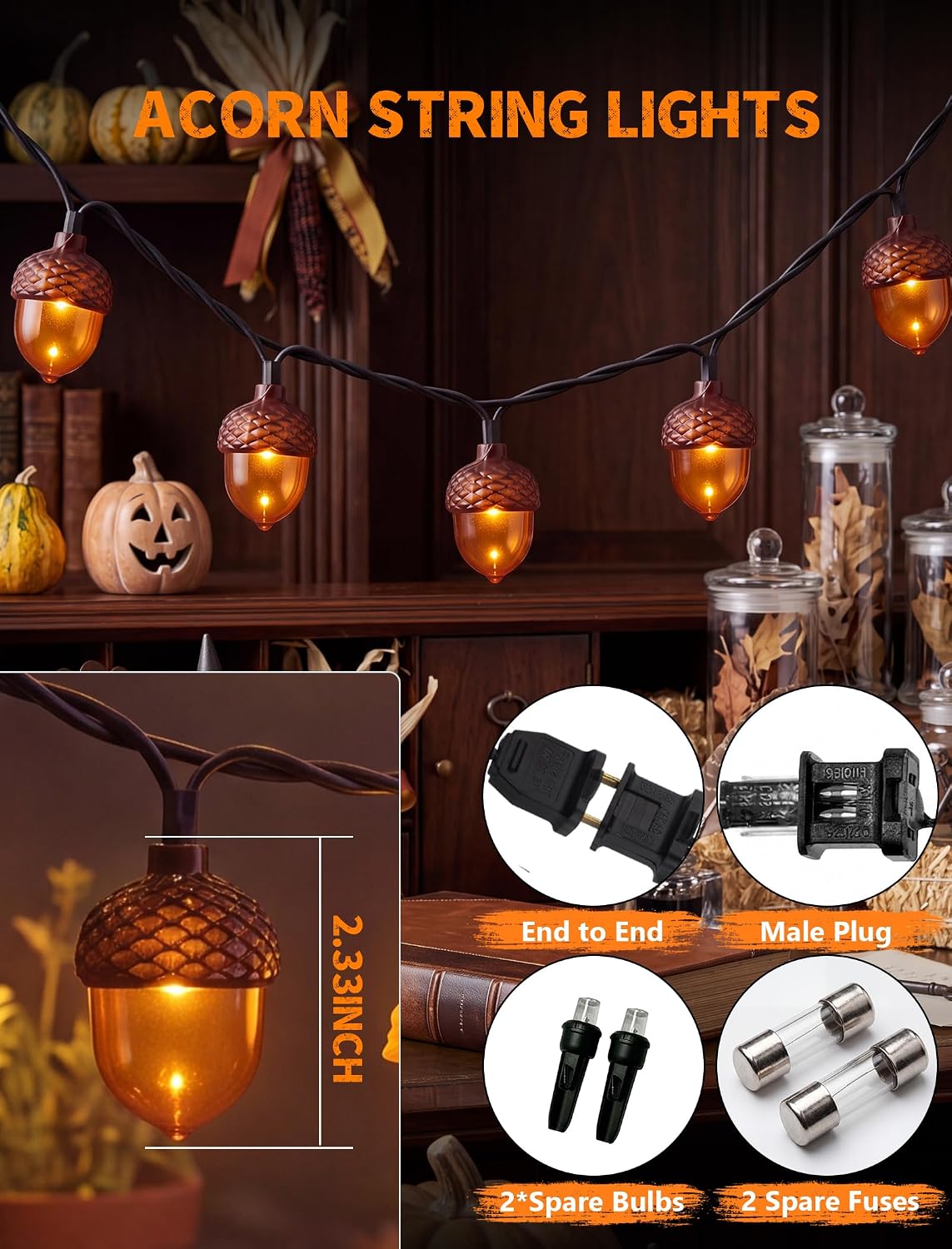 8.5 FT Fall String Lights with 10 LED 3D Acorn Plug in Autumn Décor Lights