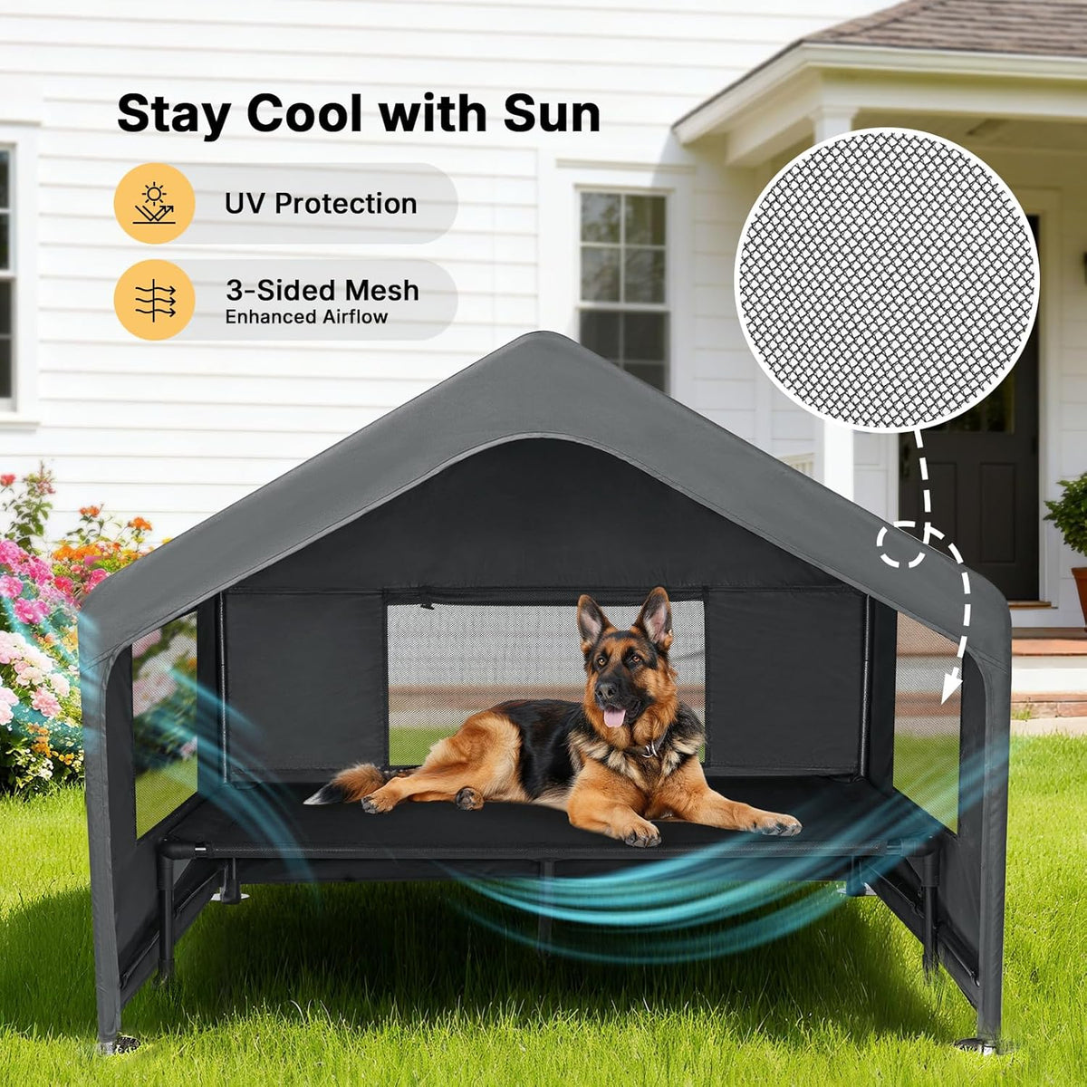 Veehoo Extra Large Dog House Outdoor Includes Elevated Dog Bed-Weatherproof | Waterproof Outside Dog Tent 4.1' x 4.1' x 3.3', Dog Shade Shelter and Raised Bed Combo for Pets or Stray Animals, Grey