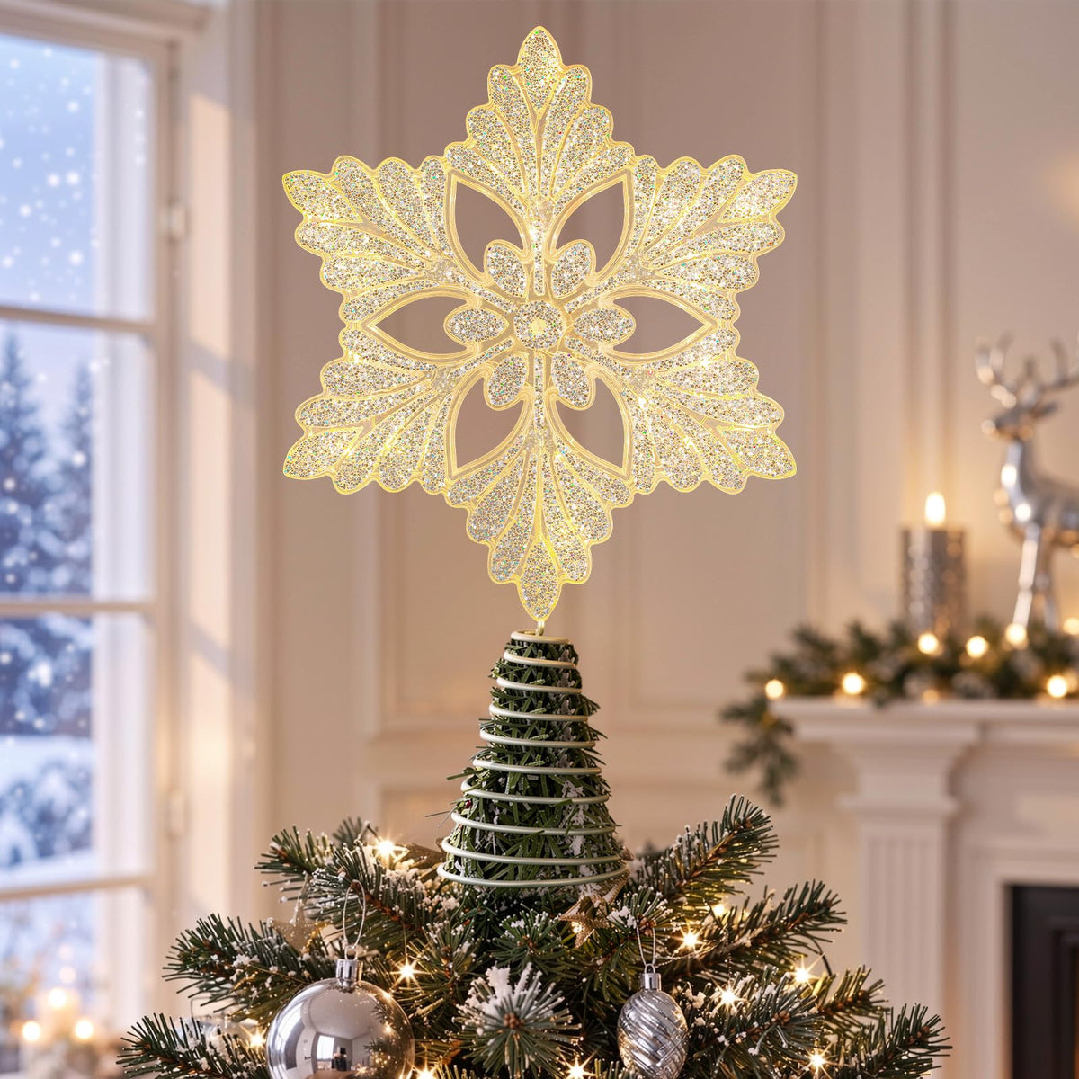 Lewondr Crystal Firework Christmas Tree Topper with Lights, Gold
