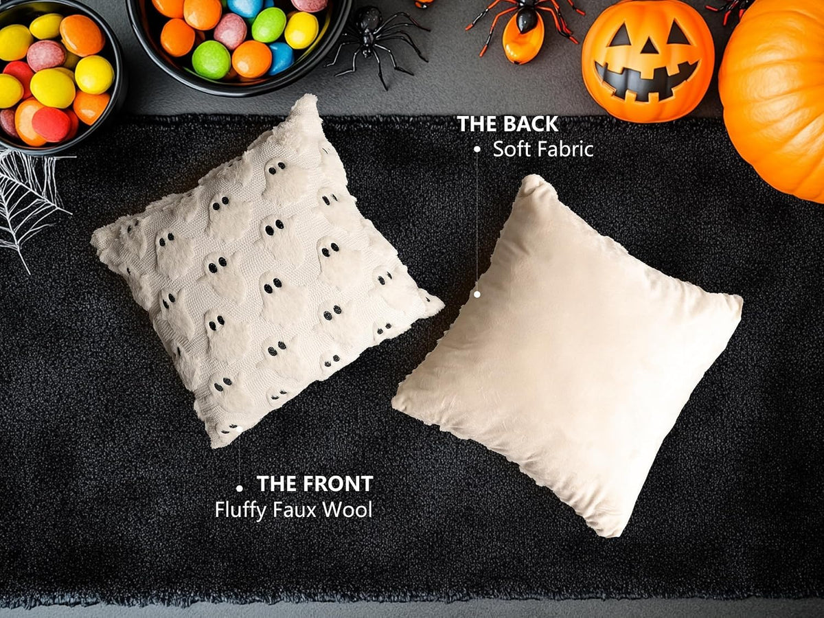 Halloween Ghost Decorative Pillow Covers 18x18 Set of 2, Beige Soft Plush Faux Fur Farmhouse Throw Cushion Cases for Fall Holiday Home Decorations