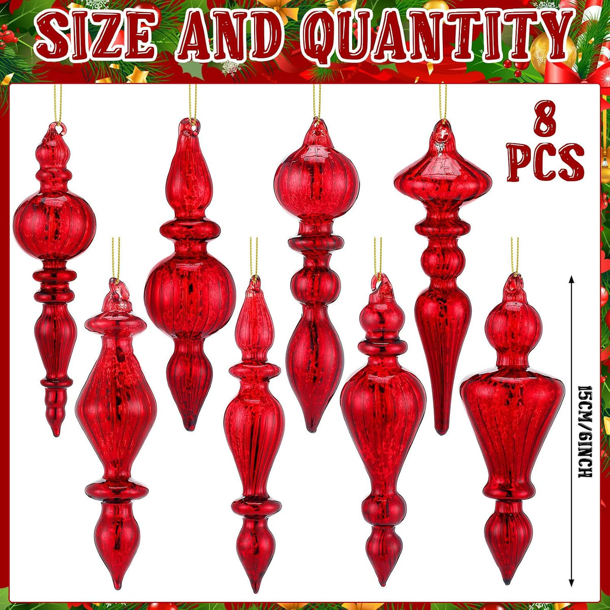 Mifoci 8 Pcs 6 Inch Mercury Glass Finial Christmas Ornaments,Red