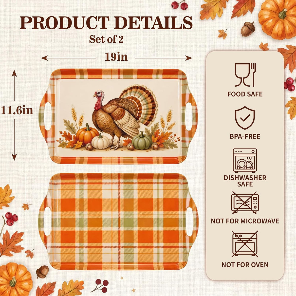 Thanksgiving Serving Trays with Handles, 19 x 11.6 Inch, Set of 2, Bamboo Fiber Serving Platter, Dishwasher Safe, with Removable Silicone Mats, Turkey and Fall Plaid