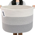 Large Woven Blanket Basket,65L Cotton Rope Laundry Basket Hamper with Handles, Decorative Nursery Basket Storage Bin for Toys, Clothes Organizer, Living Room, Bedroom, Bathroom, White & Brown