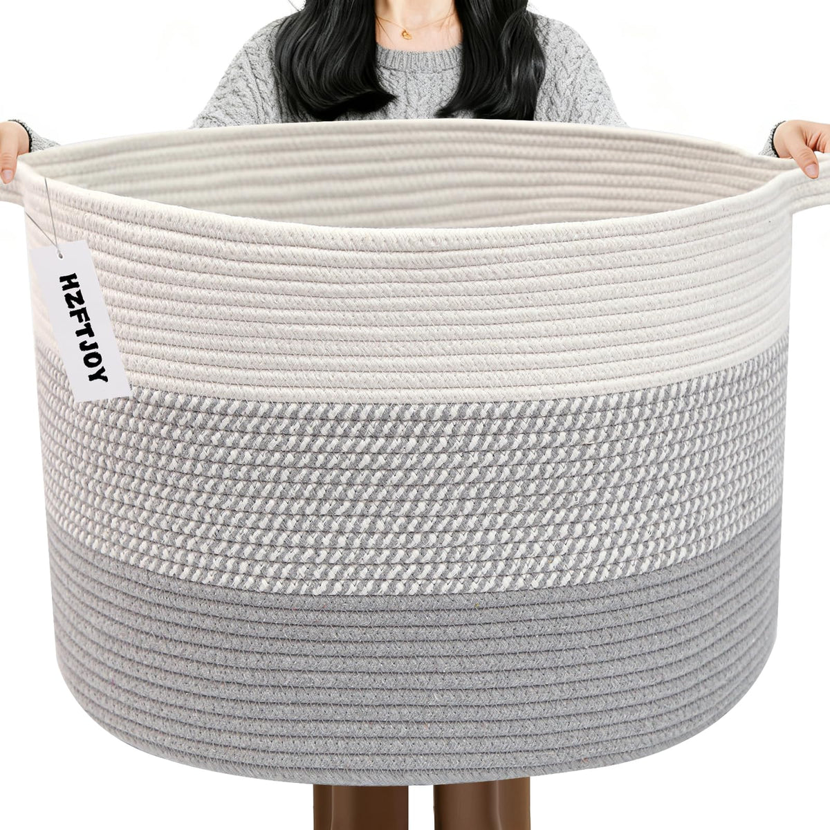 Large Woven Blanket Basket,65L Cotton Rope Laundry Basket Hamper with Handles, Decorative Nursery Basket Storage Bin for Toys, Clothes Organizer, Living Room, Bedroom, Bathroom, White & Brown