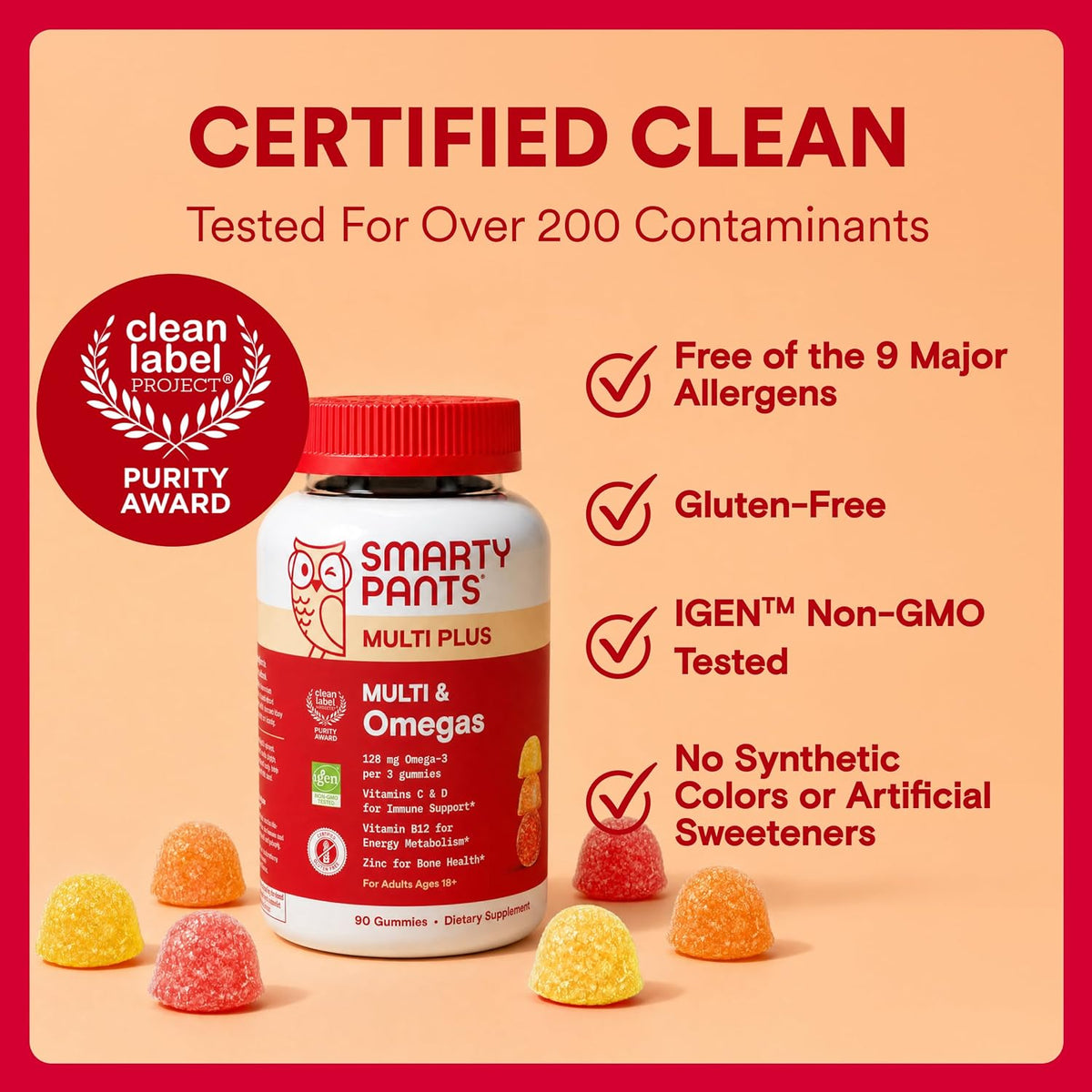 SmartyPants Plus Multi & Omegas Men and Women's Multivitamin Gummies with Omega 3 DHA/EPA, Vitamin D3, C, B12, B6, A, K, Zinc, Biotin, Clean Label, Three Fruit Flavors, 90 Count (30 Day Supply)
