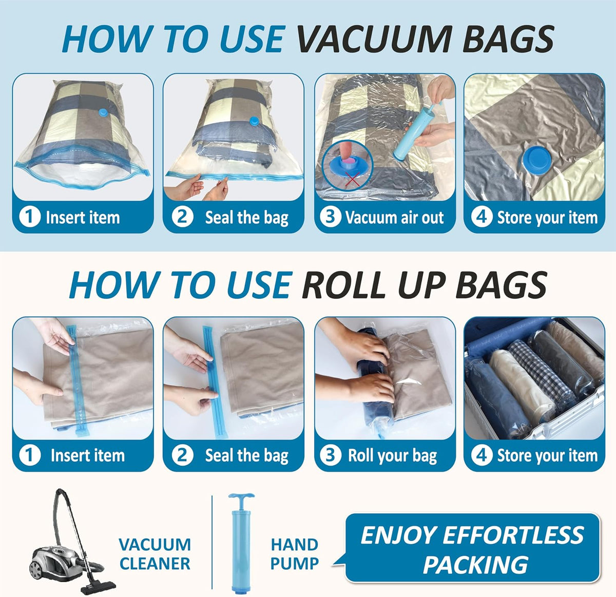 Cozy Essential Vacuum Storage Bags, 80% Compression Vacuum Seal Space Saver Plastic Packaging Bags for Clothes, Blankets, Pillow, Bedding, Comforters, Sealer Clothing Storage,20 Combo