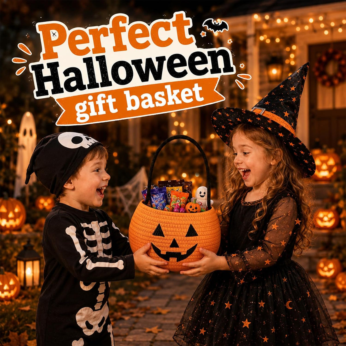 OIASKET Cotton Rope Halloween Pumpkin Basket with Handle, Trick or Treat Bucket for Kids, Woven Boo Candy Basket for Neighborhood Parades & Indoor Holiday Home Decor