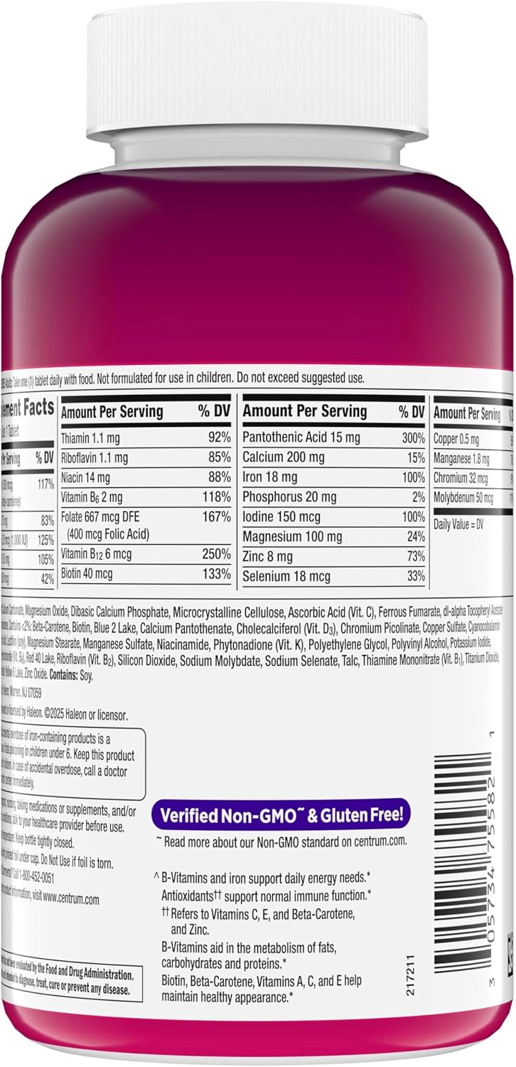 Centrum Multivitamin for Women, Multimineral Supplement with Iron, Vitamin D3, B Vitamins and Antioxidant Vitamins C and E, Gluten Free, Non-GMO Ingredients - 250 Count