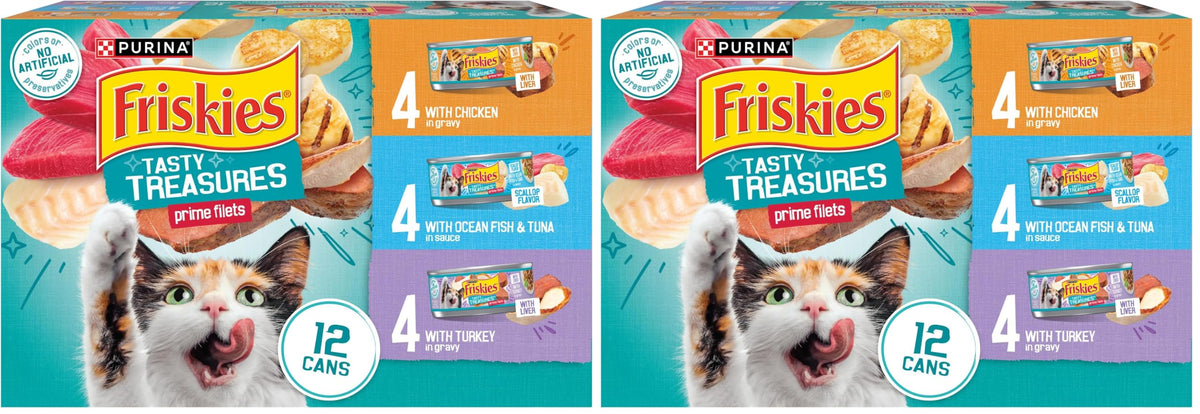 Purina Friskies Wet Cat Food Variety Pack, Tasty Treasures Prime Filets (With Ocean Fish and Tuna, With Chicken and With Turkey) - 5.5 Ounce (Pack of 12)