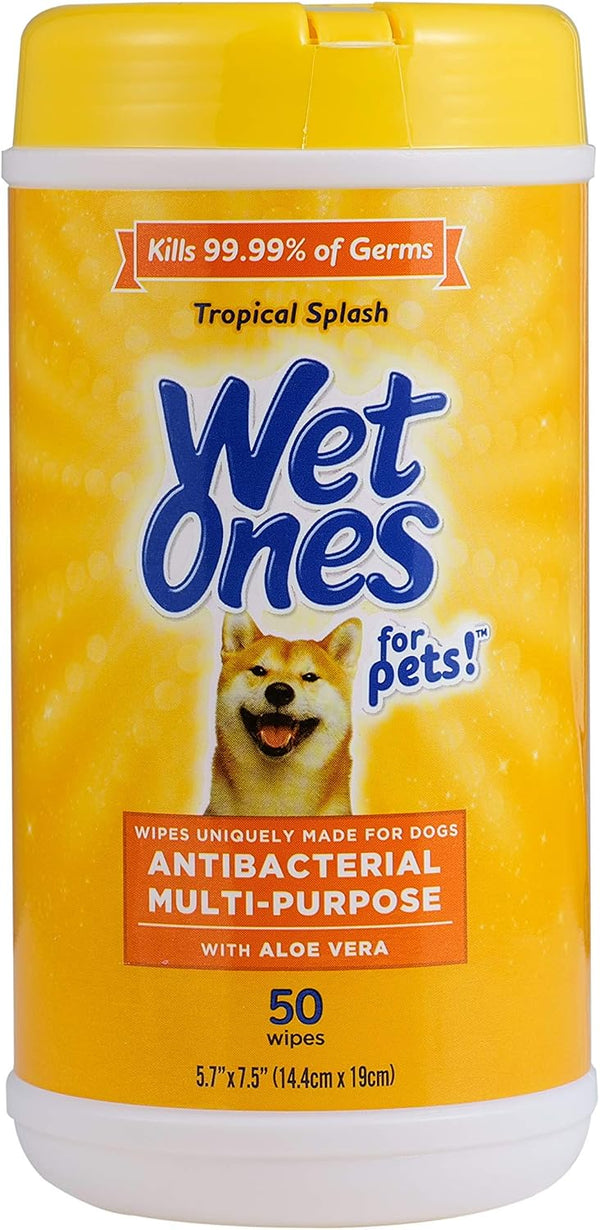 Wet Ones for Pets Antibacterial Dog Wipes, Multi-Purpose Grooming Wipes with Aloe Vera for Paws, Face & Body, Easy Cleanups Between Baths, Tropical Splash Scent, 5.7 in x 7.5 in, 50 Count