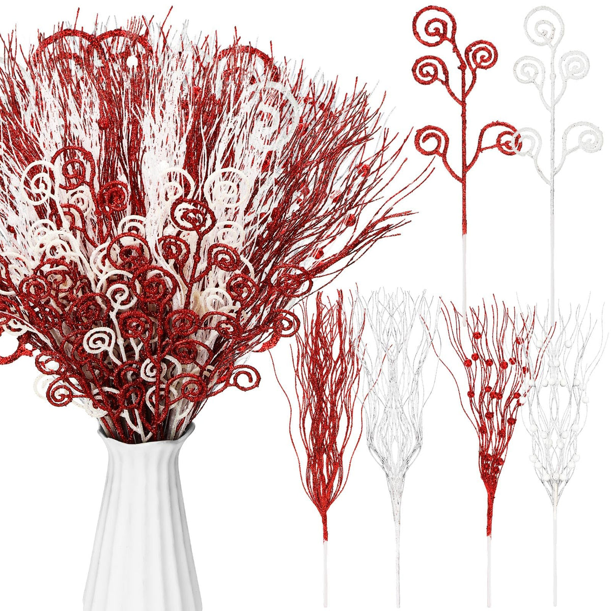 48 Pcs Red Christmas Tree Picks and Sprays Glitter 17" Berry Stems