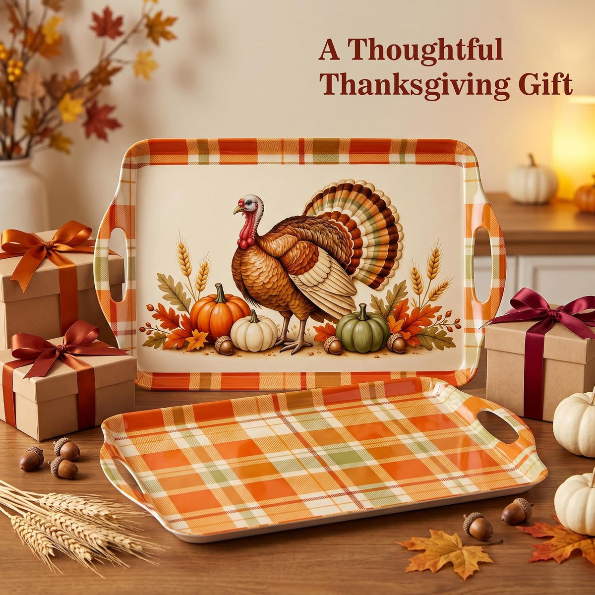 Thanksgiving Serving Trays with Handles, 19 x 11.6 Inch, Set of 2, Bamboo Fiber Serving Platter, Dishwasher Safe, with Removable Silicone Mats, Turkey and Fall Plaid