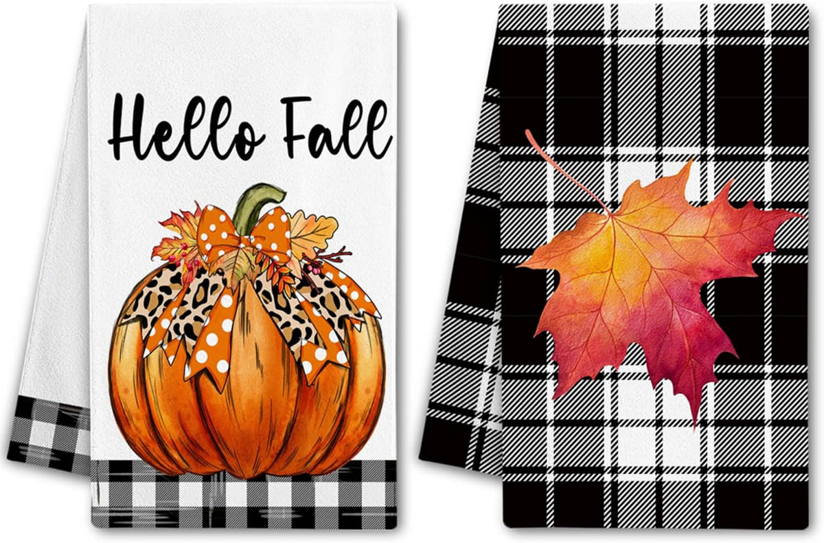 Hexagram Pumpkin Fall Kitchen Towels, Buffalo Check Fall Decor Hand Towels