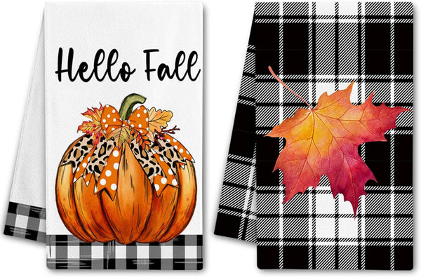 Hexagram Pumpkin Fall Kitchen Towels, Buffalo Check Fall Decor Hand Towels