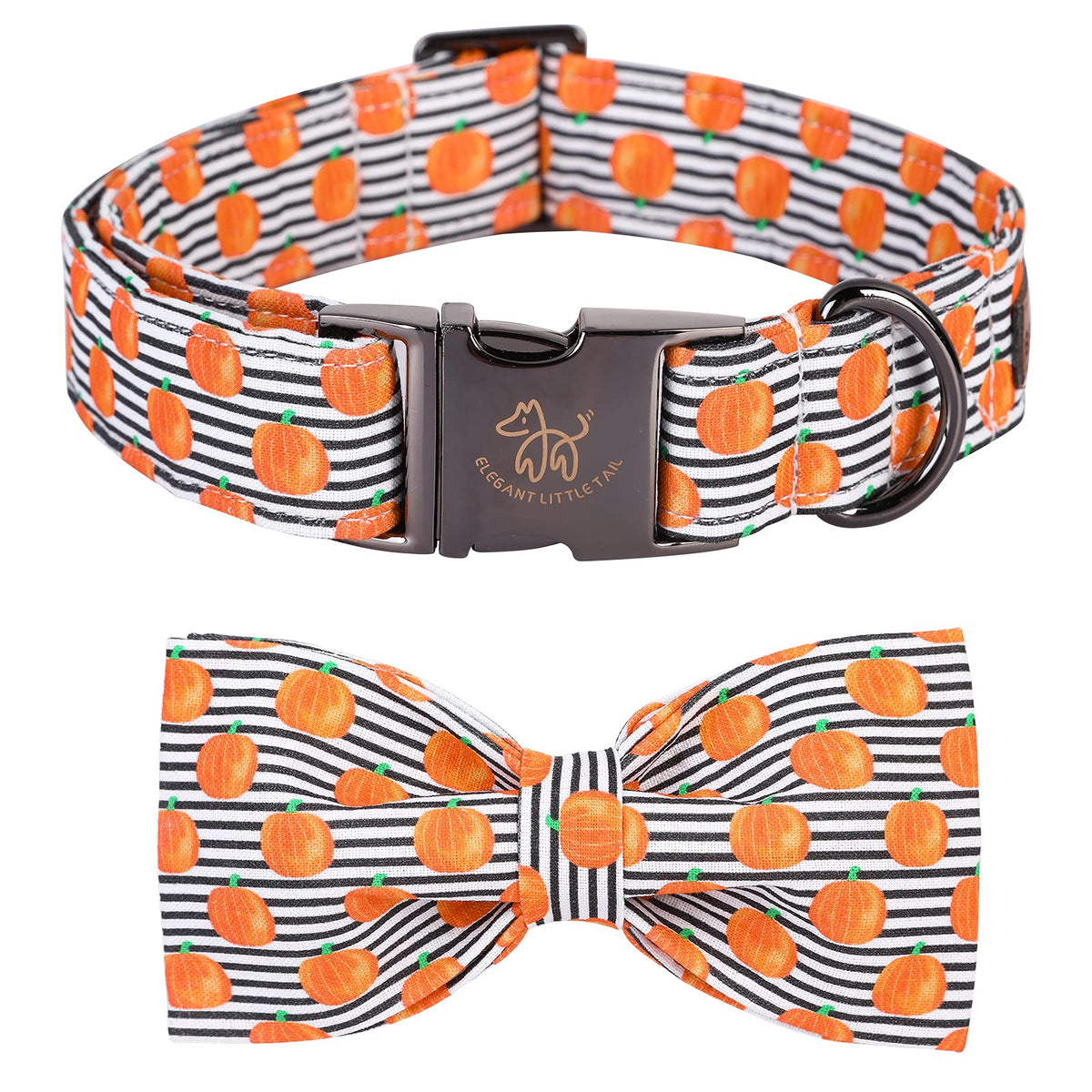 Fall Dog Collar with Bow, Black and Orange Print Fall Pet Collars Small